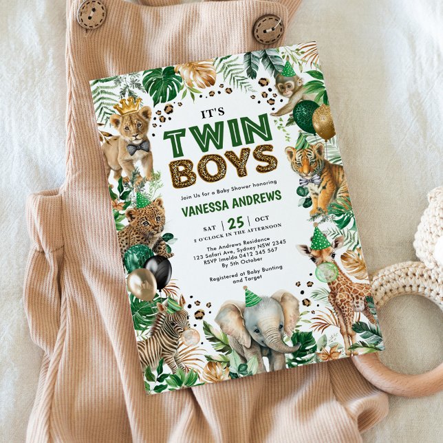 Twin Boys Jungle Safari Wild Animals Baby Shower Invitation (Creator Uploaded)