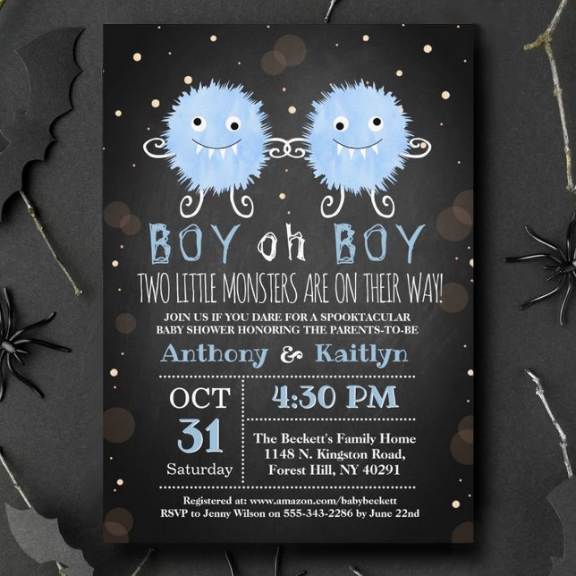Twin Boys "Little Monsters" Halloween Baby Shower Invitation (Creator Uploaded)