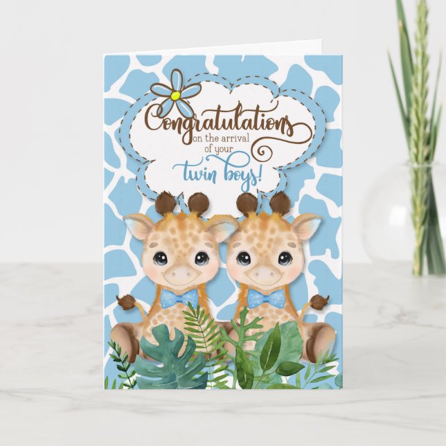Twin Boys New Baby Jungle Theme Congratulations Card (Front)