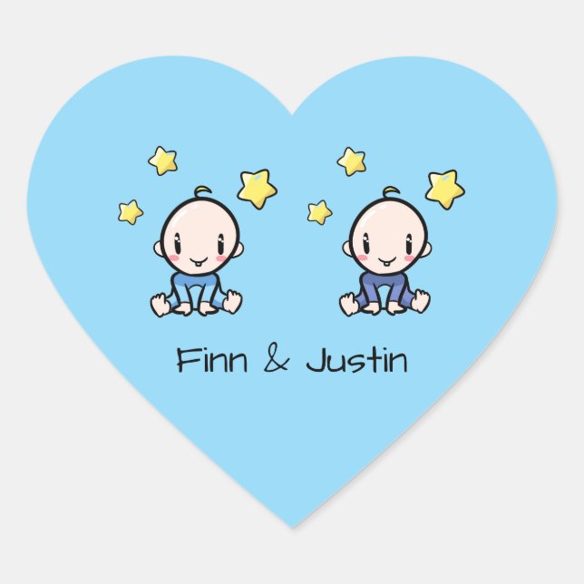 Twin Boys, Own Text, Blue, Custom Twin Babies  Heart Sticker (Front)