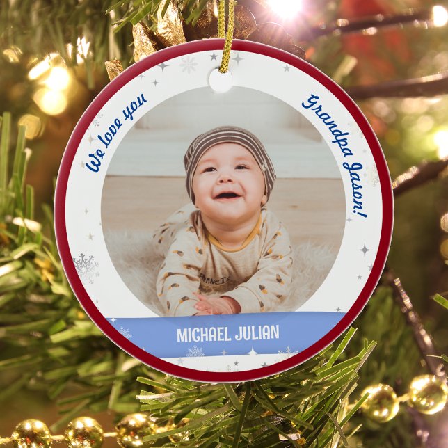 Twin Boys Photos Grandpa Cute First Christmas Baby Ceramic Tree Decoration (Cute Modern Elegant Personalized First Christmas Baby We love you Grandpa Twin Boys 2 Photos Snow)