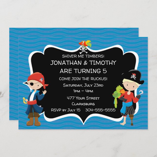 Twin Boys Pirate Birthday Party Invitation (Front/Back)