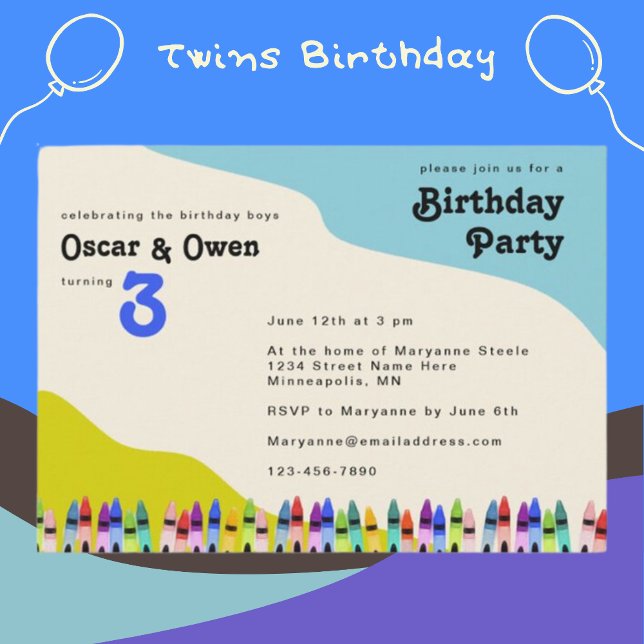 Twin Boys Retro 70's Floral Birthday Party Invitation (Creator Uploaded)