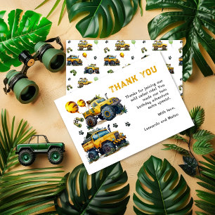 Twin Boys Safari Jungle Monster Truck Birthday Thank You Card