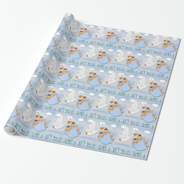 Twin Boys - Stork Baby Shower Wrapping Paper (Unrolled)
