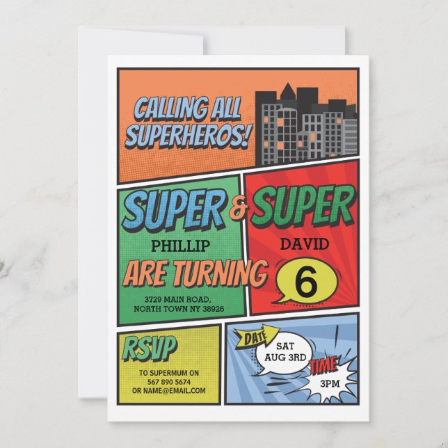 Twin Boy's Superhero Invitation Party Invite (Front)