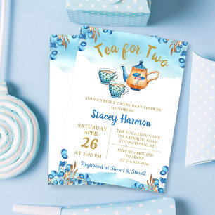 Twin Boys Tea Party Blue Watercolor Baby Shower Invitation