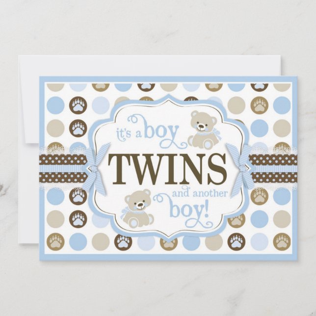 Twin Boys Teddy Bear Baby Shower Blue Invitation (Front)