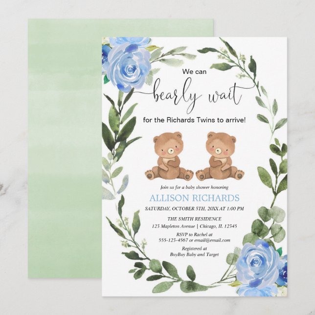 Twin boys teddy bear green blue floral baby shower invitation (Front/Back)