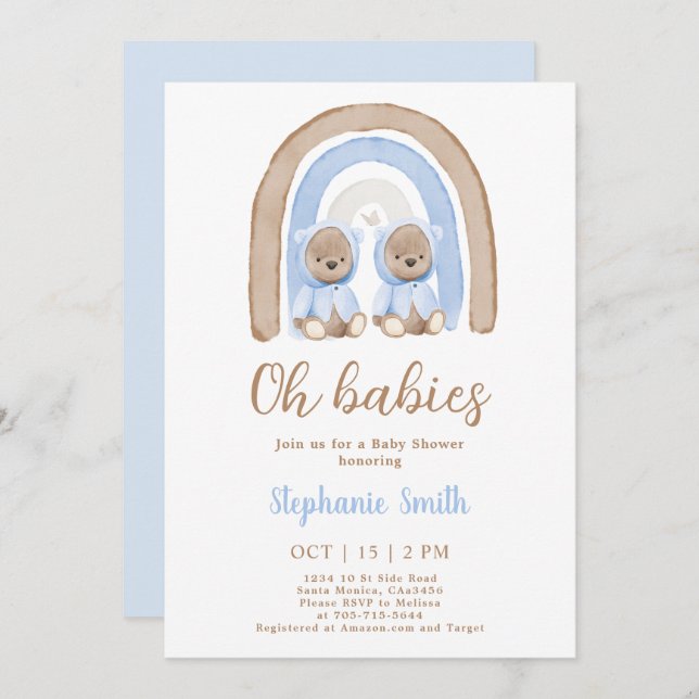 Twin Boys Teddy bear Rainbow Baby Shower Invitation (Front/Back)