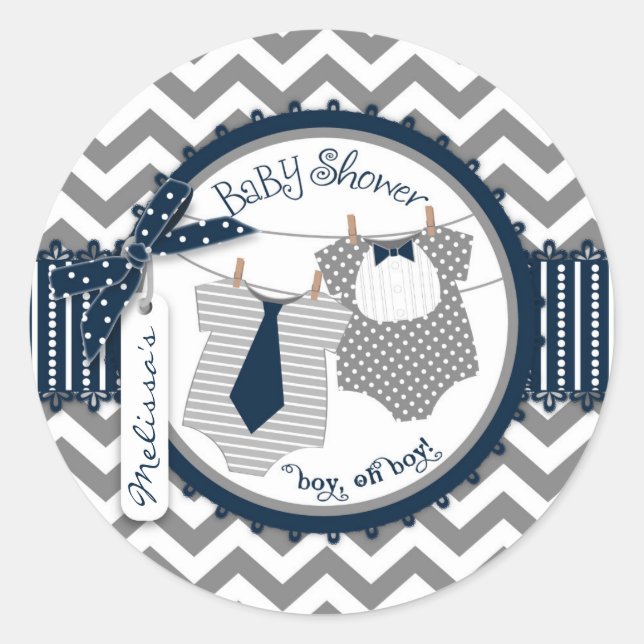 Twin Boys Tie Bow Tie Chevron Print Baby Shower Classic Round Sticker (Front)