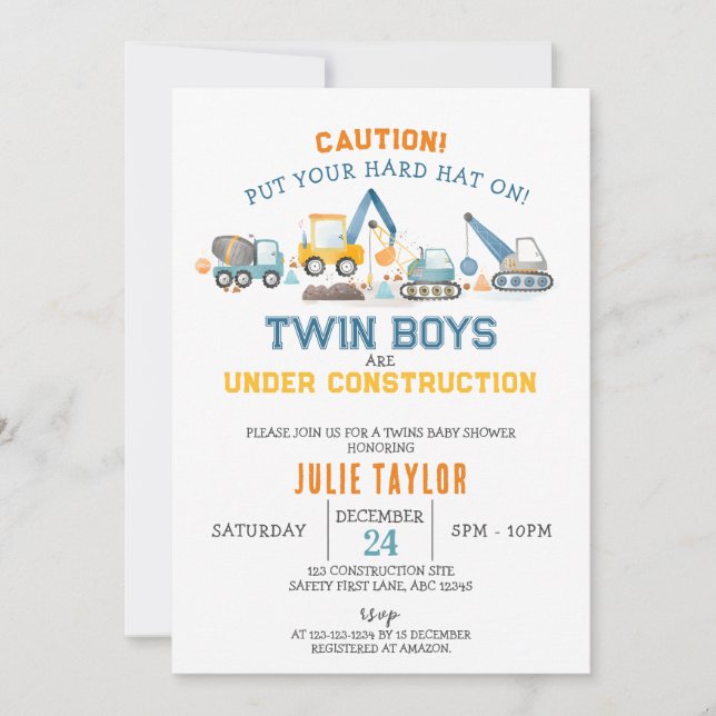 Twin Boys under Construction, Digger Baby Shower Invitation (Front)