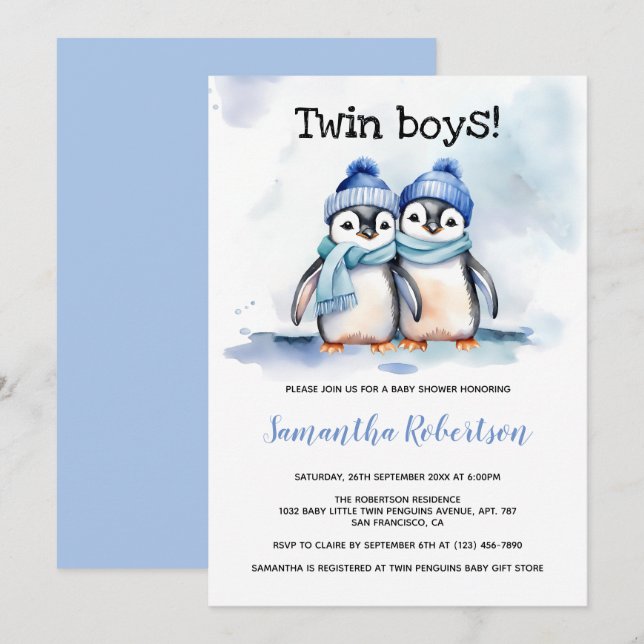 Twin Boys Watercolor Blue Winter Baby Shower Invitation (Front/Back)