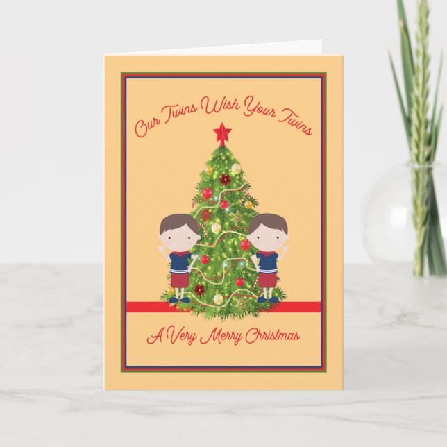 Twin Boys Wishing Twins a Merry Christmas Card (Front)