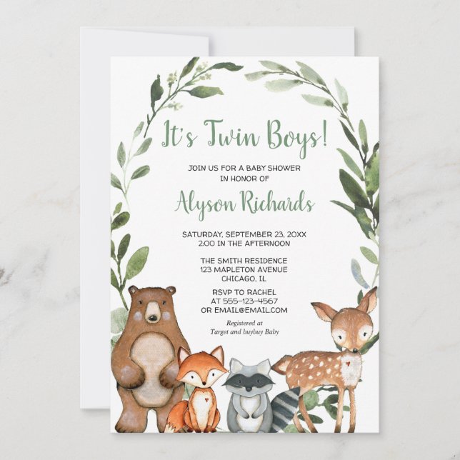 Twin boys woodland greenery baby shower invitation (Front)