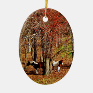 Twin Brown and White Horses Ceramic Tree Decoration