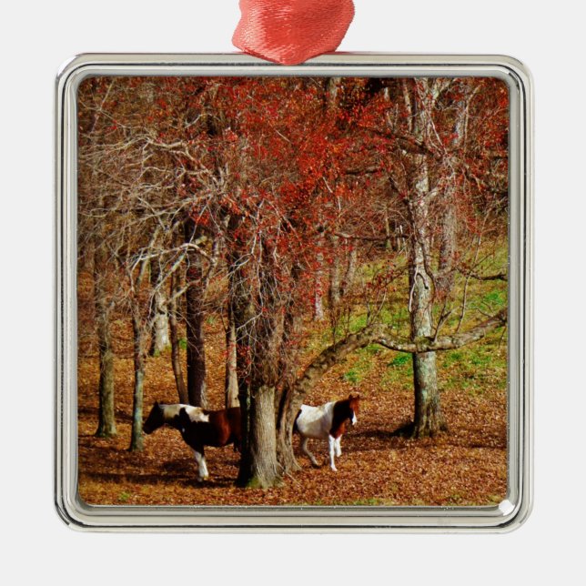 Twin Brown and White Horses Metal Tree Decoration (Front)