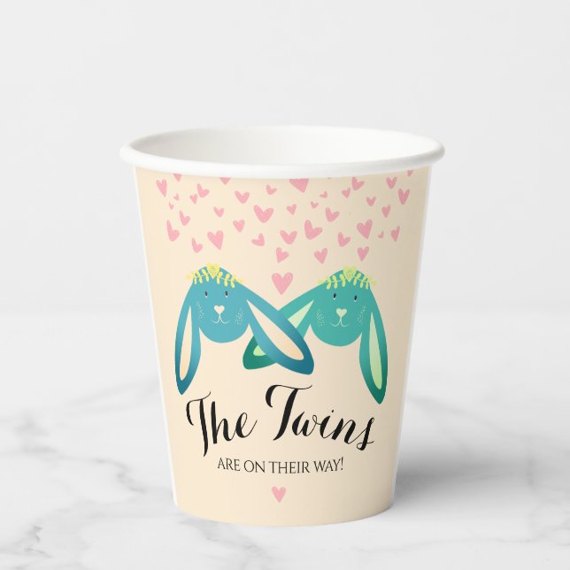 Twin Bunnies Baby Shower Light Yellow Party Paper Cups (Front)