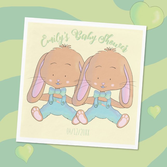 Twin Bunnies Baby Shower Yellow Paper Napkin (Cute twin bunnies spring baby shower paper napkins .)