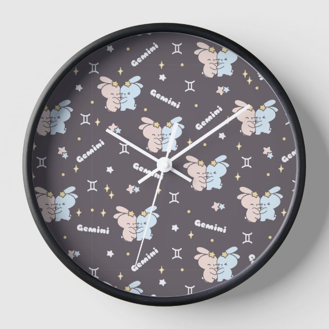 Twin Bunnies Embrace - Gemini Zodiac Constellation Clock (Front)