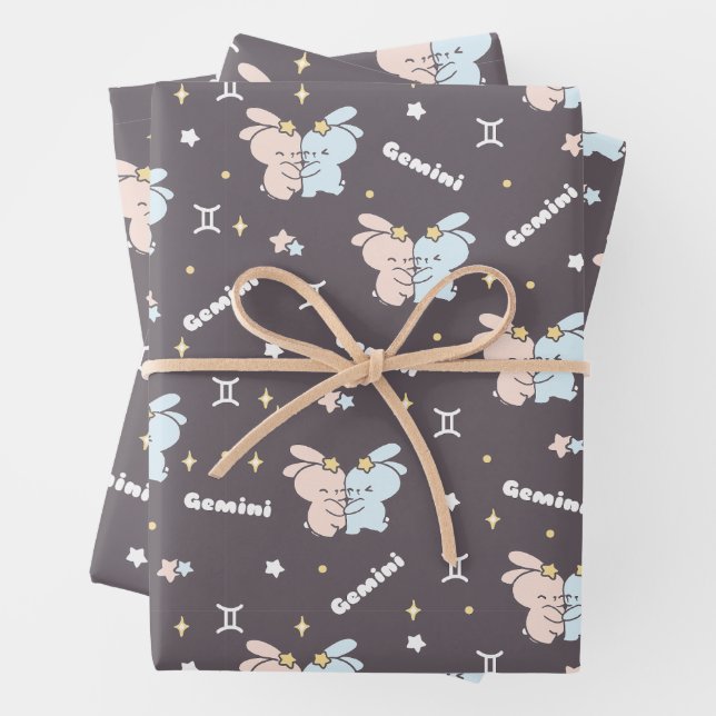 Twin Bunnies Embrace - Gemini Zodiac Constellation Wrapping Paper Sheet (In situ)