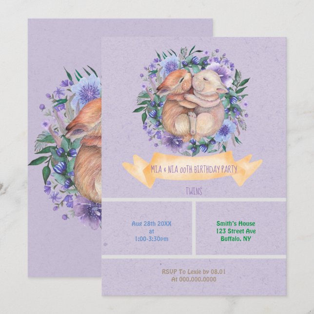 Twin Bunnies Purple Floral Birthday Party Invites (Front/Back)