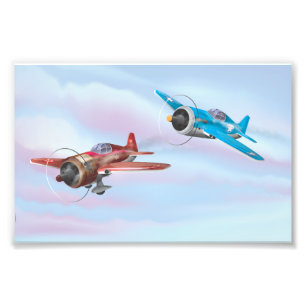 Twin cartoon prop aircraft flying photo print