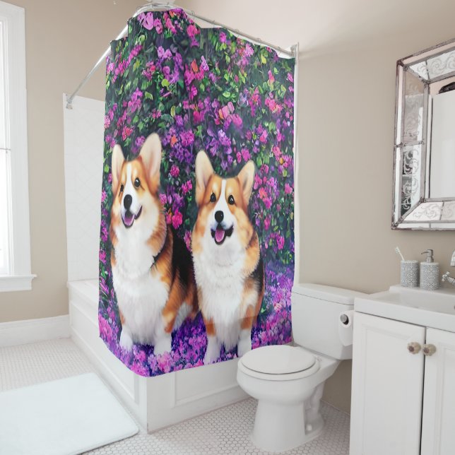 Twin Corgis in the Garden Shower Curtain (In Situ)