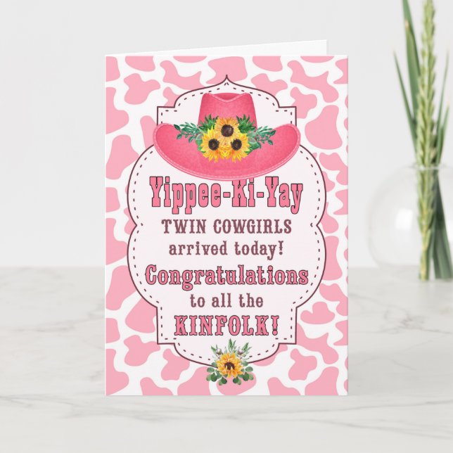Twin Cowgirls New Baby Pink Western Congratulation Card (Front)