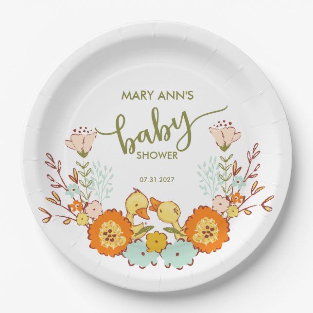 Twin Ducklings Baby Shower Paper Plate (Front)