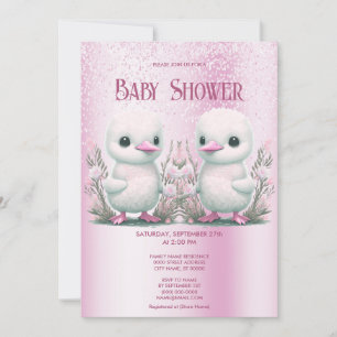 Twin Ducks Pink Floral Baby Shower Invitation