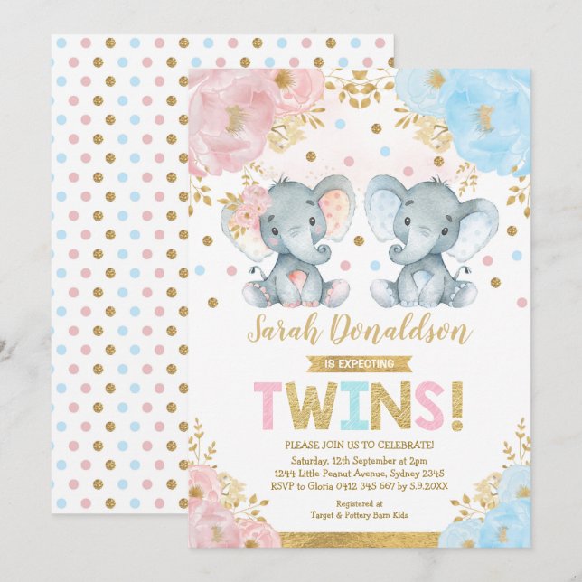 Twin Elephant Baby Shower Boy & Girl Twins Invitation (Front/Back)