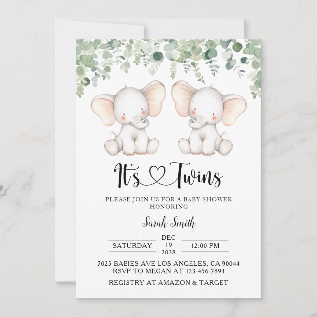 Twin Elephant Baby Shower Invitations (Front)