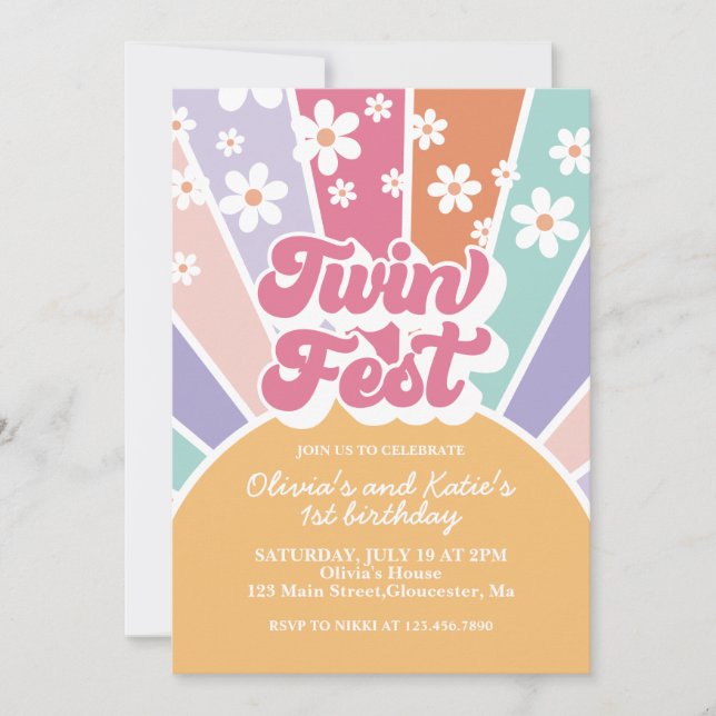 Twin Fest Rainbow Sunshine Daisy 1st Birthday Invitation (Front)