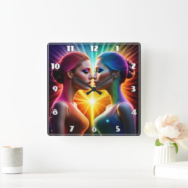 Twin Figures in Colourful Light Embrace Square Wall Clock (Home)