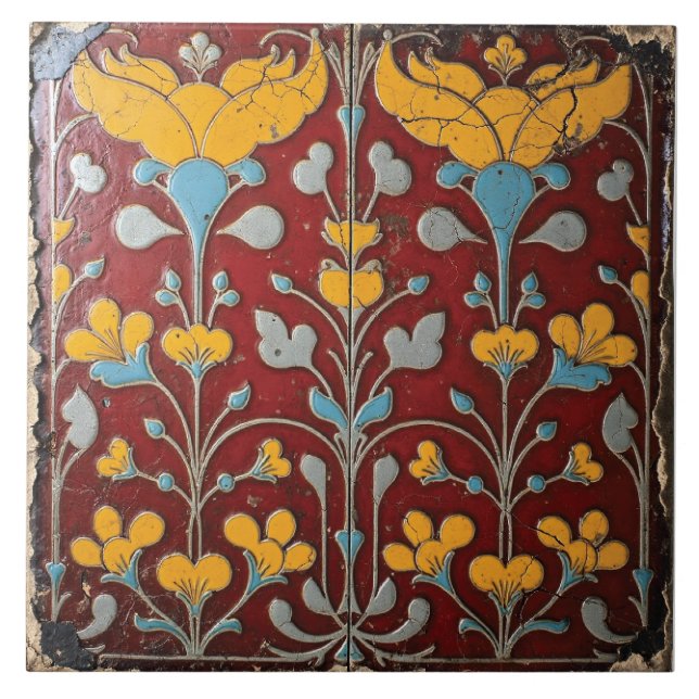 Twin-Flame Blossoms on Scarlet Tile (Front)