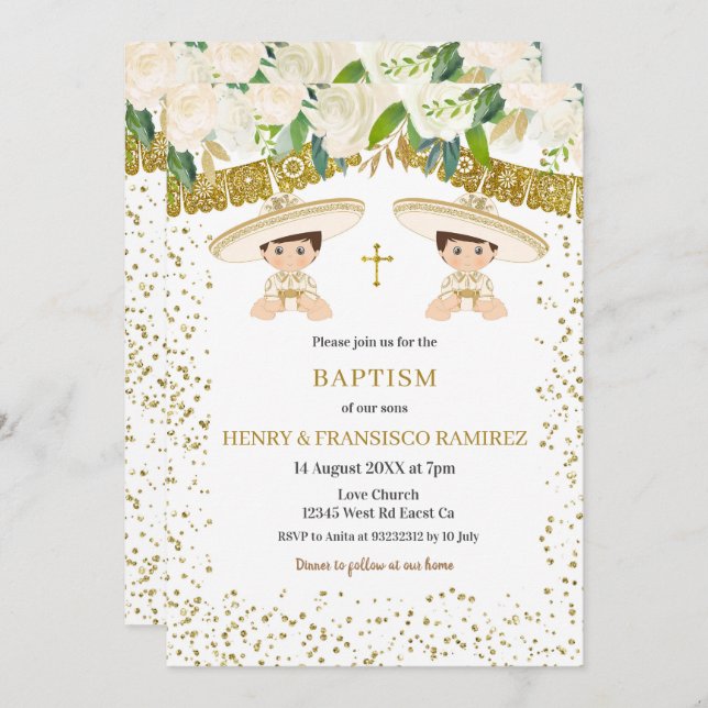 Twin Floral Gold Fiesta Boy Baptism Christening Invitation (Front/Back)