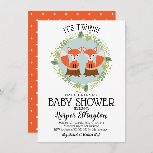 Twin Fox Baby Shower Invitation (Front/Back)
