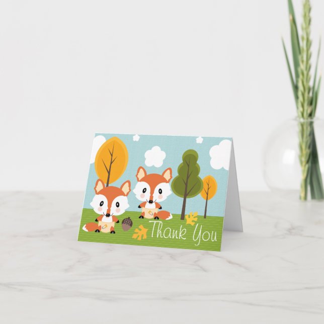 TWIN FOX IN DIAPERS BABY SHOWER THANK YOU CARD (Front)