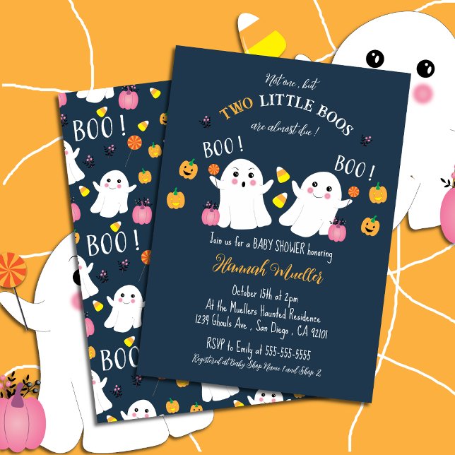 Twin Ghosts Halloween Baby Shower Blue Invitation (Cute blue twin boys baby shower with a Halloween theme . )
