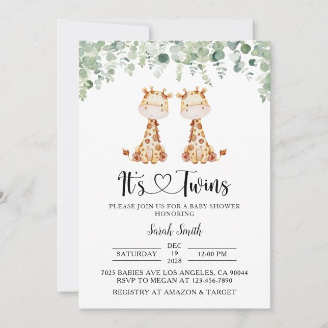Twin Giraffe Baby Shower Invitation (Front)