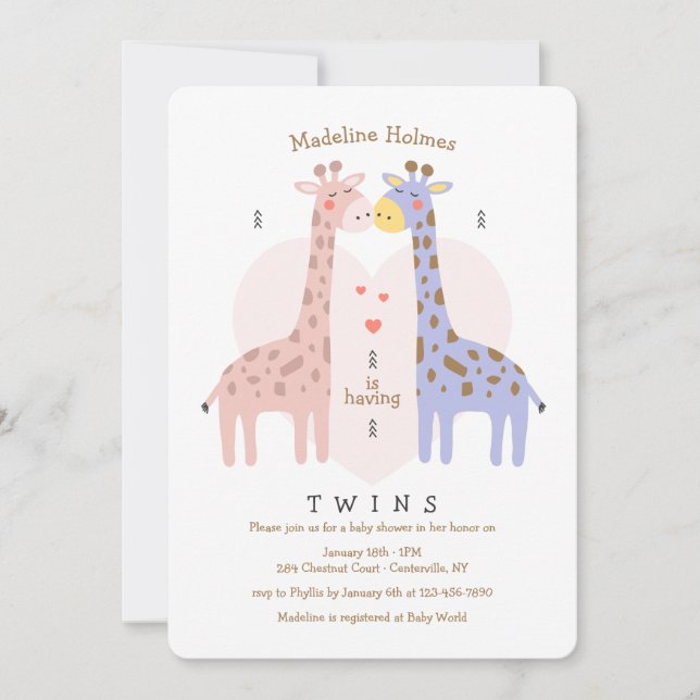 Twin Giraffes Baby Shower Invitation (Front)