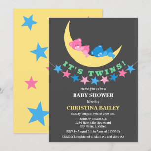 Twin Girl and Boy Teddy Bear Baby Shower Invitation
