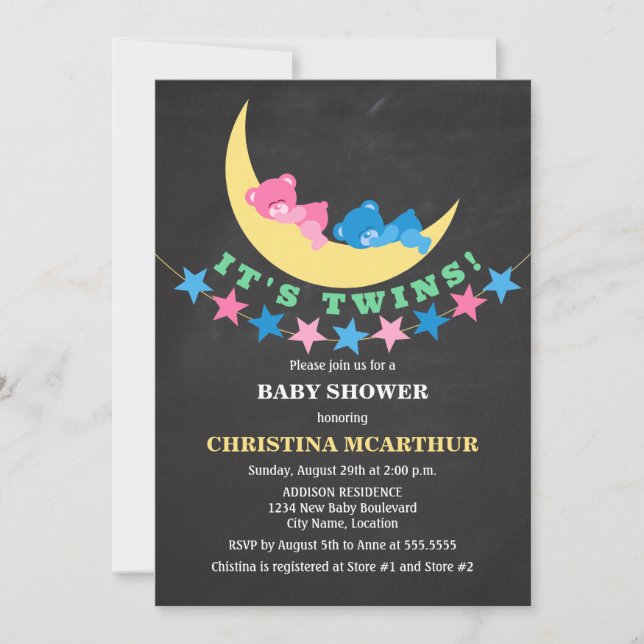 Twin Girl and Boy Teddy Bear Baby Shower Invitation (Front)