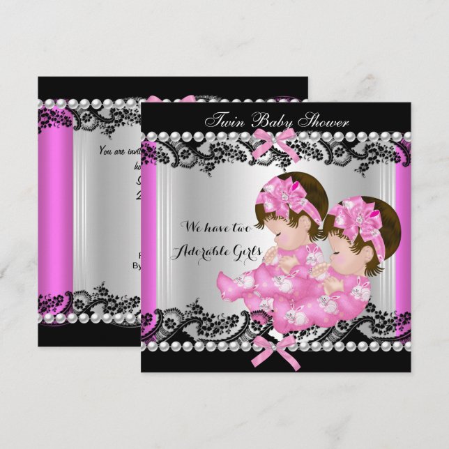 Twin Girl Baby Shower Hot Pink Cute Baby Girls Invitation (Front/Back)