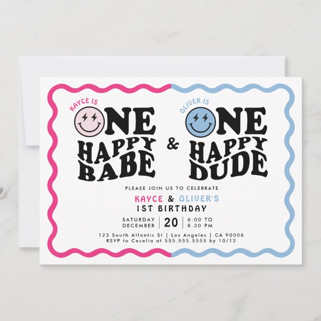 Twin Girl Boy One Happy Babe & Dude 1st Birthday Invitation (Front)