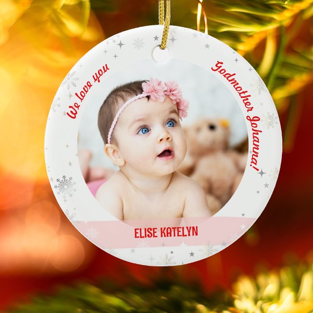 Twin Girl Boy Photo Godmother First Christmas Baby Ceramic Tree Decoration (Modern Cute We love you, Godmother! First Christmas Twin Baby Girl and Boy. 2 Photos. Snowflakes)
