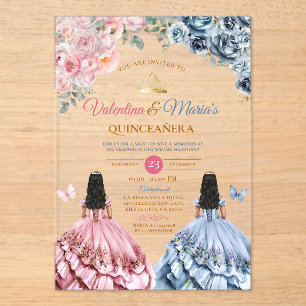 Twin Girl Dress Quinceañera 15 Anos Flowers Gold Acrylic Invitations