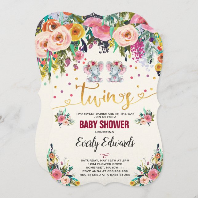 Twin Girl Elephant Baby Shower Invitation (Front/Back)