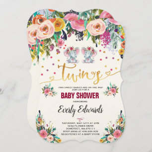Twin Girl Elephant Baby Shower Invitation